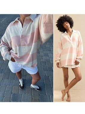 aerie Preppy Rugby Shirt Wide-Striped Pink Cream Size Large Cotton Blend Sporty